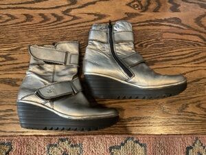 Fly London gold metallic comfort wedge bootie, size 39 (8.5)
